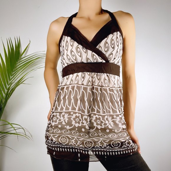 Vintage 00s Y2K Halter Summer Top Size Small Brown Print - Picture 1 of 5